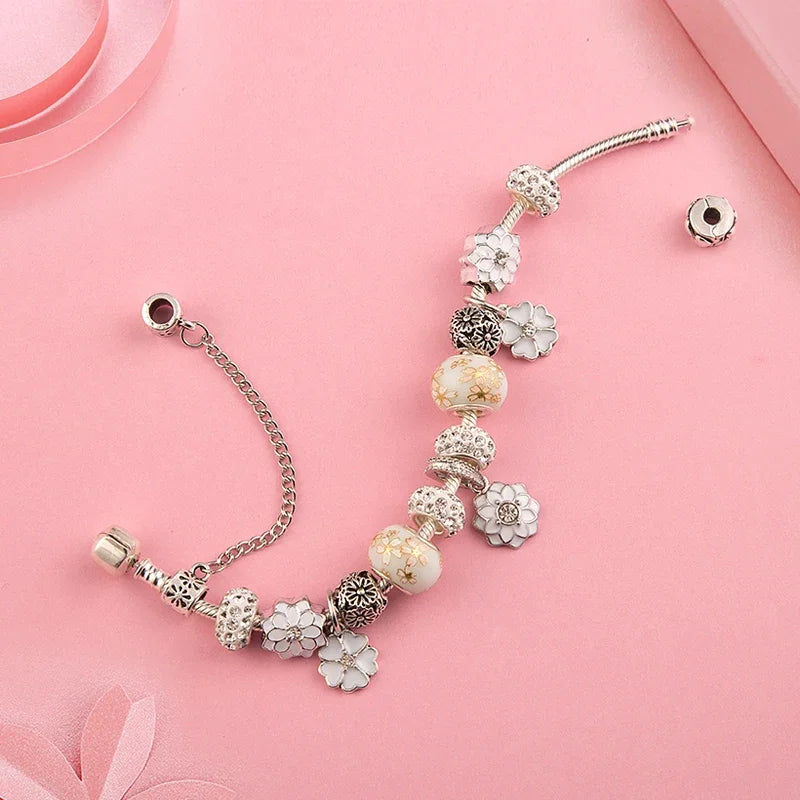 White Enamel Flower Leaf Pendant Charms Bracelets - FREE SHIPPING