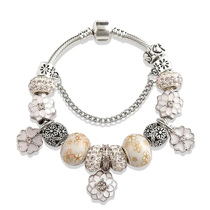 White Enamel Flower Leaf Pendant Charms Bracelets - FREE SHIPPING